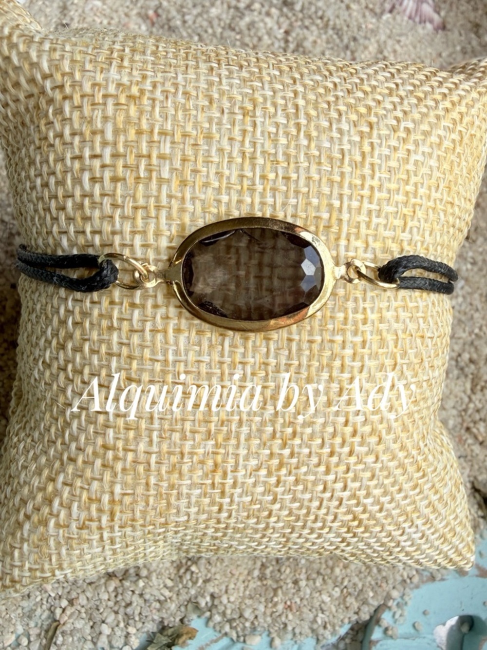 Gold Oval Smoky Quartz Bracelet with Black Cord